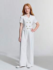 Ontre Tween Girl Woven White Double-Breasted Lapel Long Sleeve Jacket And Pants Casual Suit - White - View 1