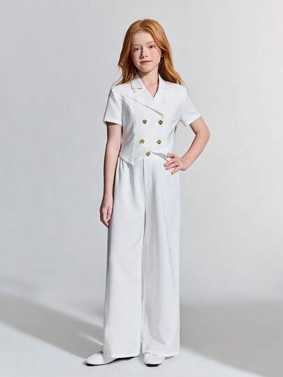 Ontre Tween Girl Woven White Double-Breasted Lapel Long Sleeve Jacket And Pants Casual Suit