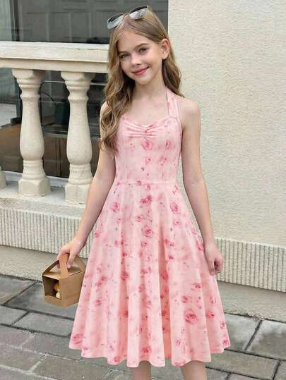 SHEIN Vestido de verano elegante estilo francés para niñas preadolescentes con estampado floral, decoración de lazo en la cintura y corte evasé