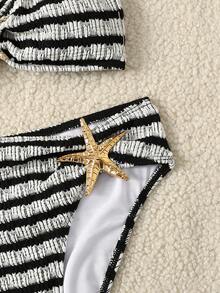 SHEIN 少女修身休闲条纹露背海星图案泳装套装 - 黑與白 - 查看 4