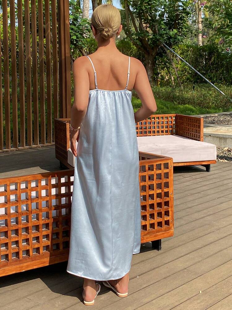 Romantic Satin Ombre Lace Patchwork Camisole Waist Maxi Nightgown For Women