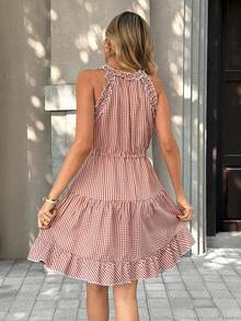 Pariaura Women's Casual Plaid Halter Neck Dress, Summer - Red - View 2