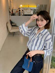 Women's Turndown Collar Striped Casual Loose Long Sleeve Blouse, Korean Style, Spring/Summer - Baby Blue - View 7