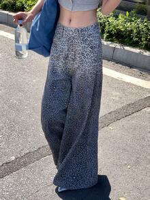 DAZY Quần jeans ống rộng dáng suông in họa tiết da báo, đính sequin chuyển màu cổ điển dành cho nữ, thích hợp cho mùa hè. - Màu xanh lam - Xem 3