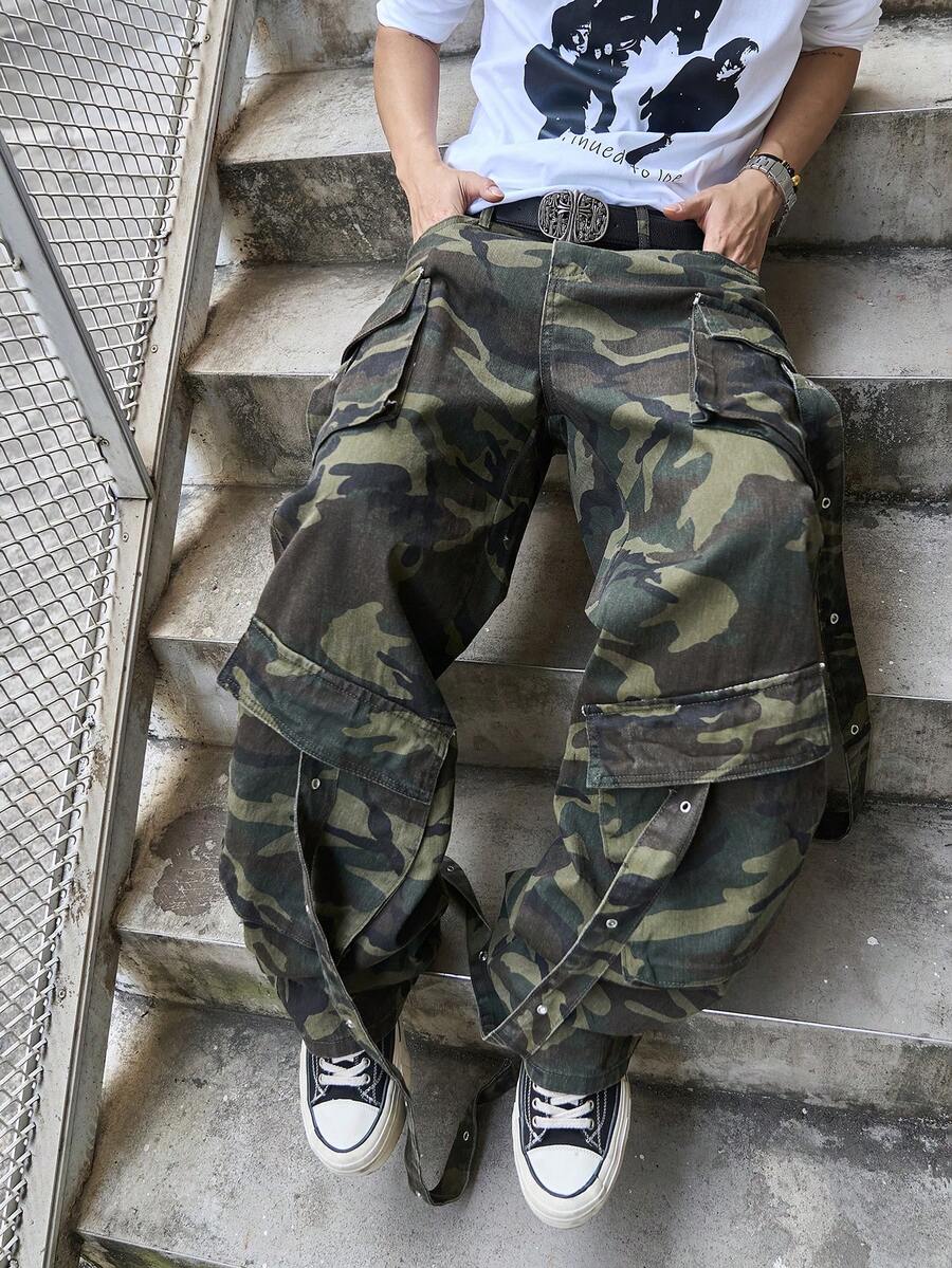 Manfinity EMRG 男士街头时尚迷彩印花口袋牛仔裤 - 軍綠色 - 查看 1