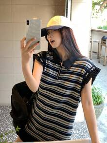 DAZY Women's Polo Collar Striped Casual Short Sleeve T-Shirt - Blue - View 4