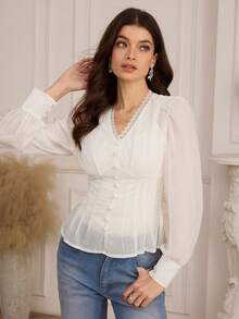 Modelyn Women's French Elegant Contrast Lace V-Neck Button Down Pleated Waist Puff Sleeve Blouse - White - View 3