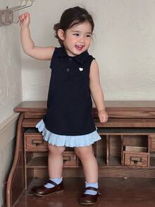 Baby Girl Casual Sleeveless Dress With Collar, Contrast Color And Ruffle Hem Summer Baby Girls Clothes - Navy Blue - View 1
