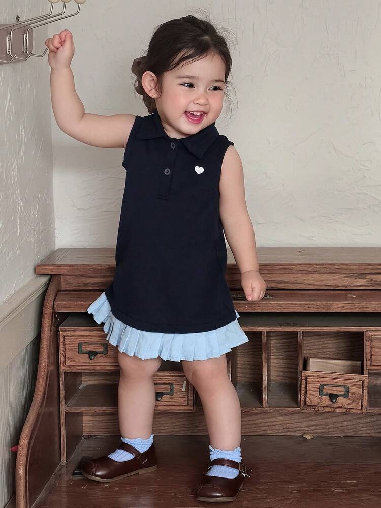 Baby Girls' Casual Sleeveless Dress With Collar, Contrast Color And Ruffle Hem Summer Toddler Girls Clothes