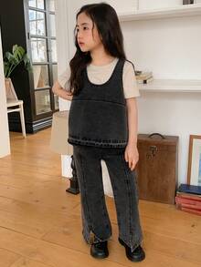 DAZY Young Girls Solid Color Washed Korean Style Shirt + Flared Korean Style Denim Jeans Set - Black - View 4