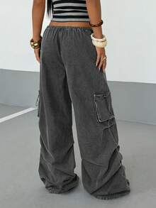 StreetHx Women's Casual Washed Low Waist Wide Leg Cargo Jeans - Black - View 2