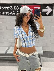 SHEIN HypeZone Women's Spring/Summer Streetwear, 2000s Style Striped, Plaid, Printed, Lace - Baby Blue - View 6