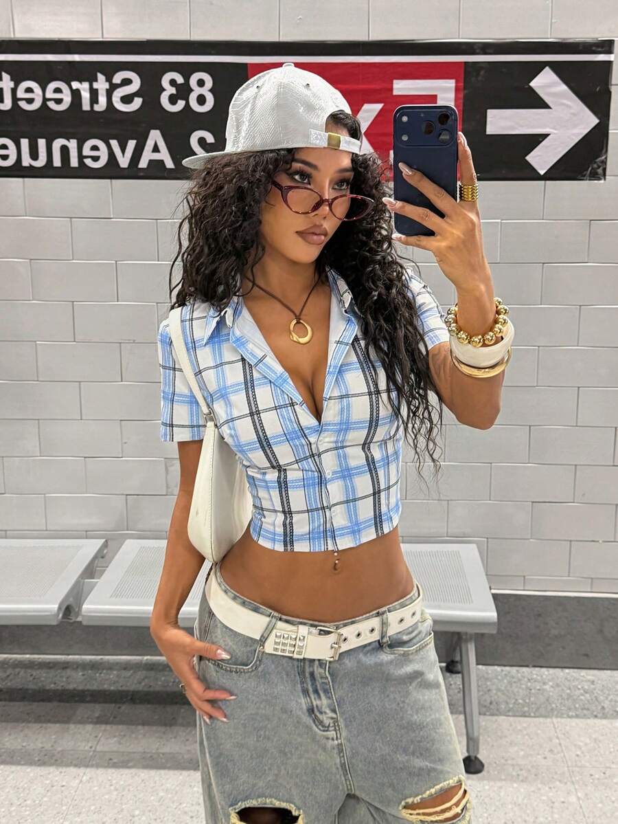 SHEIN HypeZone 女士春夏街头服饰，2000年代风格条纹、格子、印花、蕾丝 - 淺藍色 - 查看 1