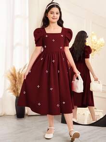Tween Girl Elegant Pearl Embellished Square Neck Gigot Sleeve Ruffle Hem Woven Satin Dress, Suitable For Weddings, Parties, Birthdays, Gatherings, Spring/Summer - Burgundy - View 3
