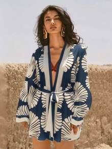 Swim Chiccia 波西米亚贝壳印花雪纺和服罩衫，海滩度假波西米亚海洋风 - 藏蓝色 - 查看 9