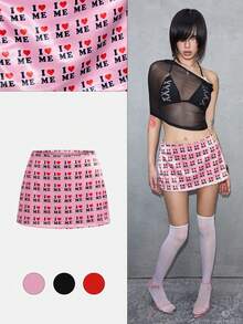 ROMWE Avant Chân váy ngắn nữ mùa Xuân/Hè kiểu retro Vantage gợi cảm với họa tiết logo văn hóa ngầm. - Hồng - Xem 1