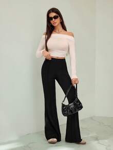SHEIN Tall Lettuce Trim Elastic Women's Flared Pants - Black - View 7