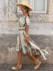 Brillora Women's Chiffon Printed Shirt & Skirt 2 Pieces Set, Vacation Style, Spring/Summer - Multicolor - View 6