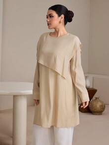 Graceveil 早春不对称圆领宽松浅卡其色休闲上衣