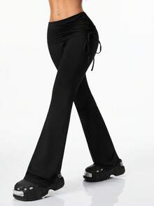 Coolane 女士加大码春夏复古侧抽绳街头风 Y2K 修身喇叭黑色长裤 - 黑色 - 查看 6