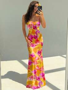 Aloruh 女士优雅橙红色花卉度假风全印花露背吊带连衣裙，适合海滩、度假村、郊游、旅行，时尚别致 - 白色 - 查看 6