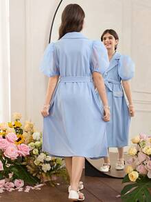 SHEIN Tween Girl Spring/Summer Collared Button-Up Long Cardigan Dress With Pearl Decor Sash - Blue - View 2