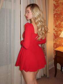 Turnttoni Women's New Year Solid Red Mini A-Line Peplum Dress With Square Collar, Sexy & Elegant Fitted Waist Long Sleeve Bodycon Dress For Christmas, Date Night - Red - View 4