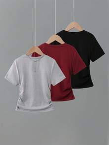 Sparklyn 3pcs Girls' Bow Print Waist Short Sleeve T-Shirts, Grey, Pink, Black - Grey - View 2