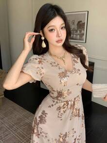 DAZY 女士优雅花卉亮片V领泡泡袖连衣裙，夏季婚礼宾客礼服/吊带裙 - 粉色 - 查看 4