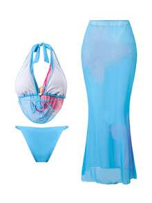 Swim Oasis Bộ đồ bơi 3 mảnh dành cho nữ: Áo bikini cổ yếm xẻ sâu in hoa và chân váy, thời trang, gợi cảm, ngọt ngào cho bãi biển/khu nghỉ dưỡng. - Màu xanh lam - Xem 3