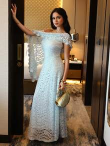 Feyla 女士纯色斜肩蕾丝优雅长裙 - 綠色 - 查看 3
