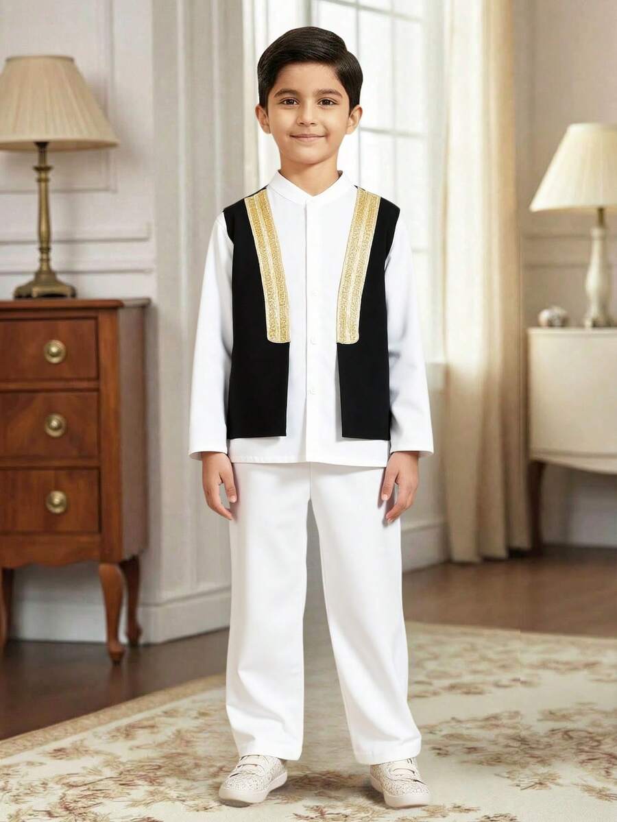 Vacaura Tween-Jungen 3 Stücke/Set Outfit im Mittleren Osten Stil mit Hemd, Hose, geeignet für Ausflüge, Fotos, Schule, verschiedene Anlässe, weicher & bequemer Stoff, modisch-lässiger Schnitt