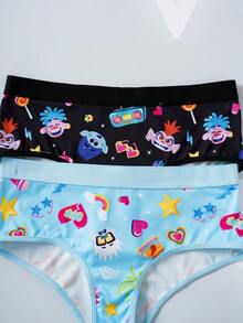 Trolls X SHEIN Quần lót thoải mái họa tiết trái tim dễ thương dành cho nữ - Màu xanh lam - Xem 3