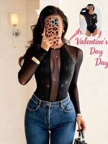 Chiquease Women's Elegant Sexy Bodysuit For Going Out, Gathering With Friends, Birthday Party, Concert, Annual Party. Elegant Long Sleeve Patchwork Sheer Sexy Black Bodysuit. Sexy Deep V-Neck Long Sleeve Sheer Sexy Outfit For Valentine's Day, Suitable For Spring And Summer Wear - Black - View 7