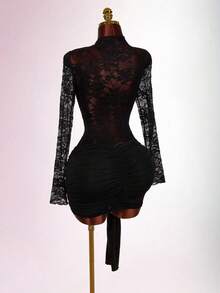 Amplova Women's Lace Blouse With Vintage Red Sheer Drawstring Hem Mini Bodycon Dress, Boho Style For Party - Black - View 10