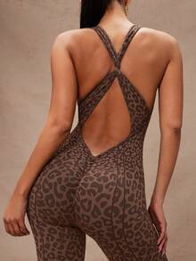 Lumalex 1pc Women Leopard Print Jumpsuit Yoga Workout Tights Gym Women Outfit  Brown Set  Brown Bodysuit  Pink Bodysuit - Coffee Brown - View 4