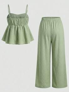 Girlism Tween Girls Tank Top Co-Ords, Casual Vacation Elastic Waist Wide Leg Pants, Fashionable For Spring/Summer - Green - View 2