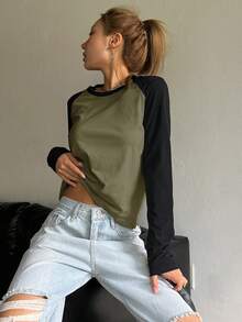 DAZY 拼色插肩袖T恤，秋季服装长袖女式上衣 - 軍綠色 - 查看 3