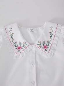 SHEIN ChillGRL Áo sơ mi nữ tuổi teen in hoa, cổ bèo nhún, cài cúc, tay phồng. - trắng - Xem 7