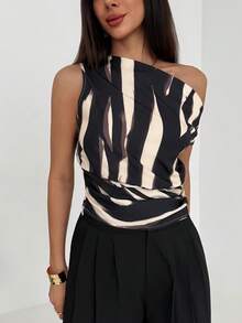 Aloruh Minimalist Commute Office Outfit Brown Brushstroke Print Asymmetric Loose Top Tight Bottom Women Shirt - Multicolor - View 3