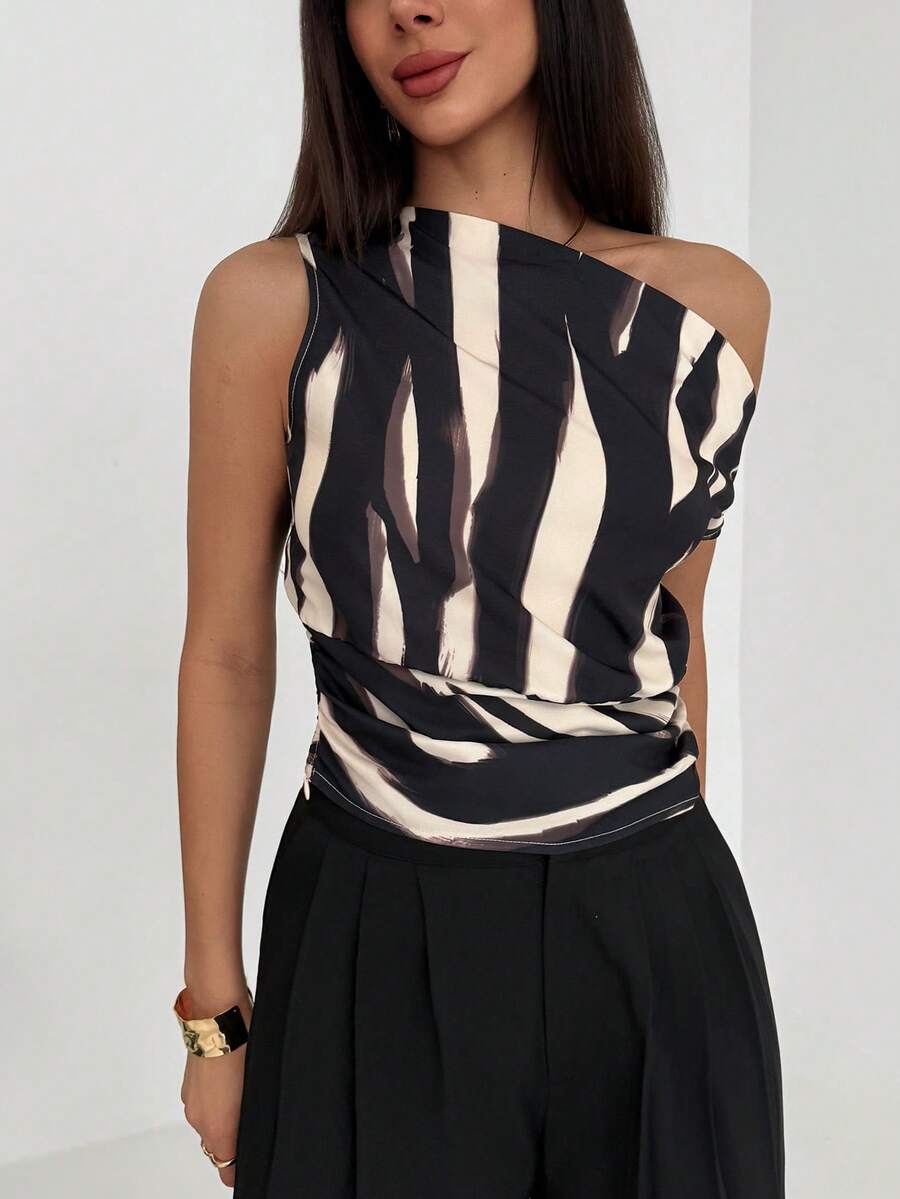 Aloruh 极简通勤办公装扮：棕色笔触印花不对称宽松上衣搭配紧身下装女式衬衫 - 彩色 - 查看 1