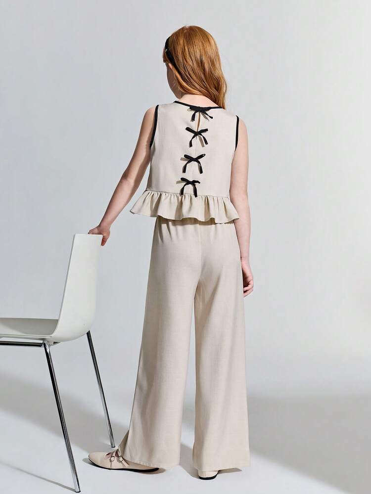 Tween Girl Khaki & Black Color Block Bow Decor Sleeveless Top And Pants Casual Set