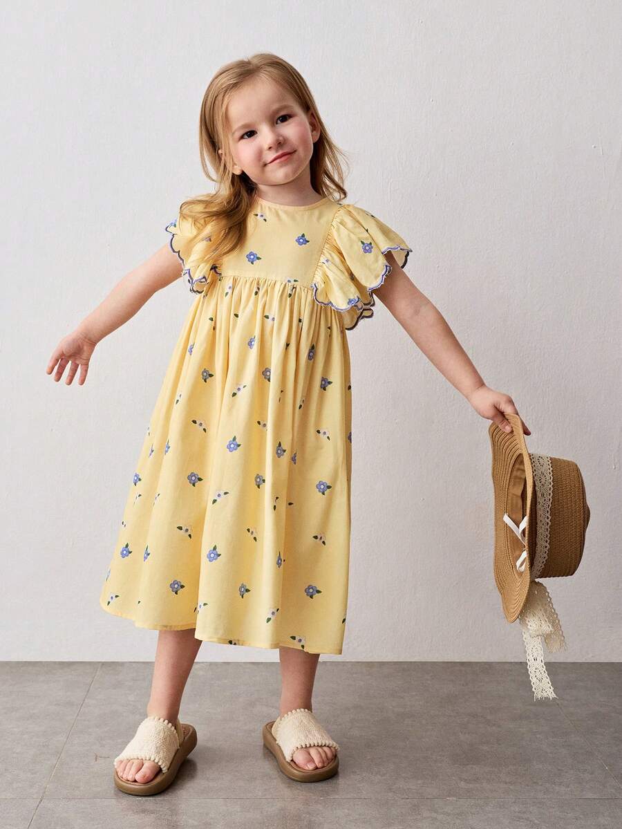 Maija Kids 年轻女孩编织黄色刺绣花卉图案圆领荷叶袖休闲连衣裙 - 黃色 - 查看 1