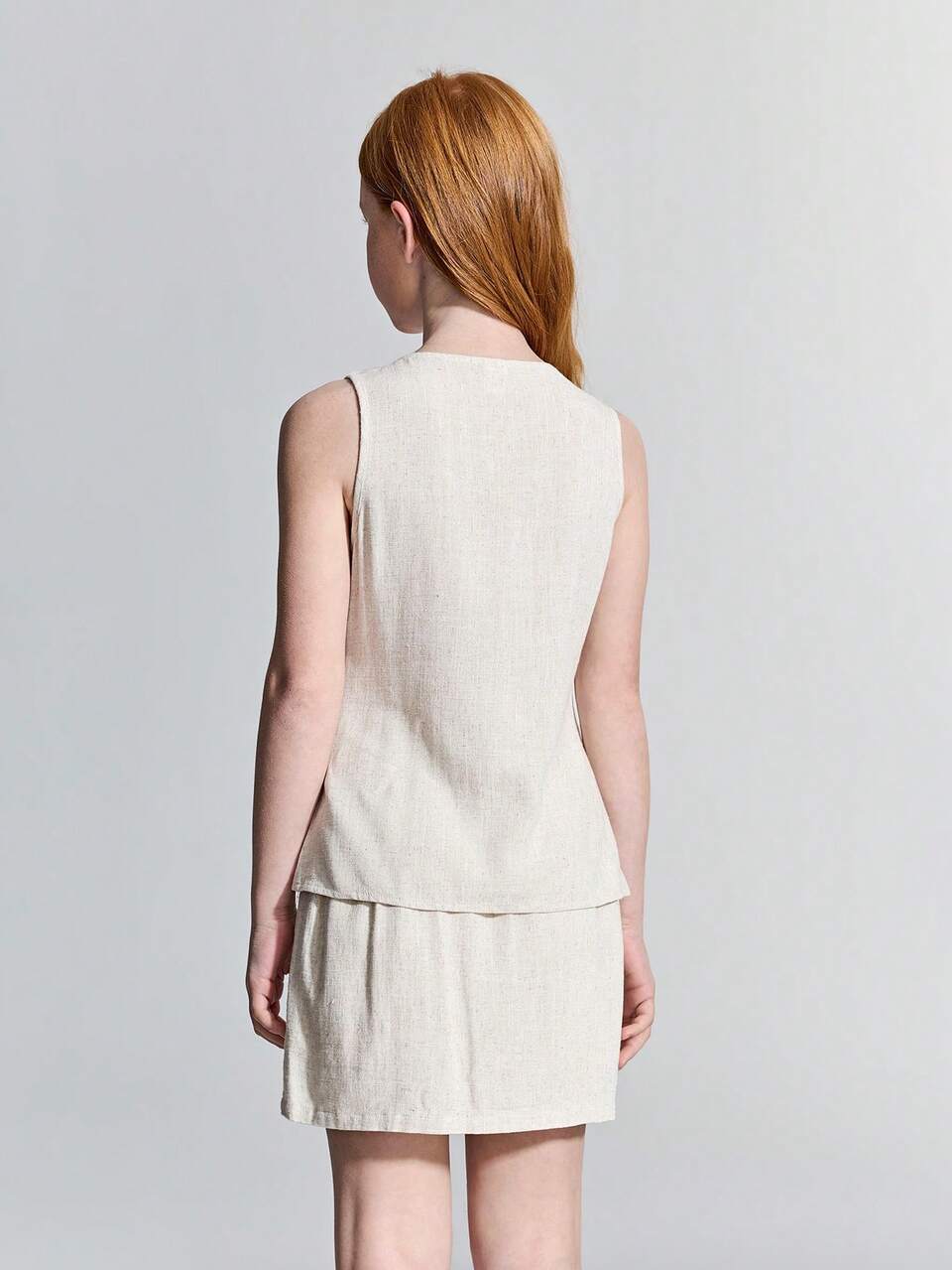 Tween Girl Woven Apricot Sleeveless Jacket & Skirt Casual Suit