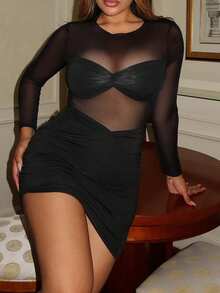 Maria Perezxox فستان قصير من الشبك والشفاف بأكمام طويلة مزين بكشكشة، بياقة دائرية للنساء الجذابات - الأسود - مشاهدة 6