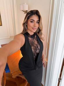 Maria Perezxox Elegant Black Lace Turtleneck Bodycon Dress, Black Lace Dress For Spring & Summer Formal Dresses For Wedding Guest - Black - View 3