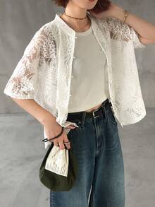 FRIFUL Blusa suelta de moda con encaje y hombros caídos para mujer - Blanco - Ver 3