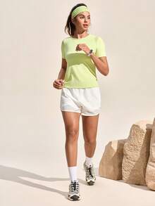 Exploreva Women's Neon Green Round Neck Short Sleeve Casual Outdoor T-Shirt