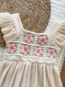 SHEIN Vintaside Kids Đầm công chúa tay ngắn xếp ly, thêu hoa phối màu tương phản, kẻ caro cho bé gái, thích hợp cho kỳ nghỉ và dã ngoại. - Màu be - Xem 5