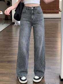 DAZY Quần jeans nữ cạp cao, có túi, dáng rộng, ống rộng, thoải mái. - Xám - Xem 3